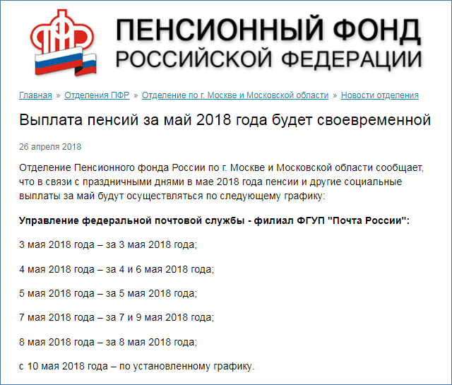 Пенсия в мае 2018 - график выплат в Москве